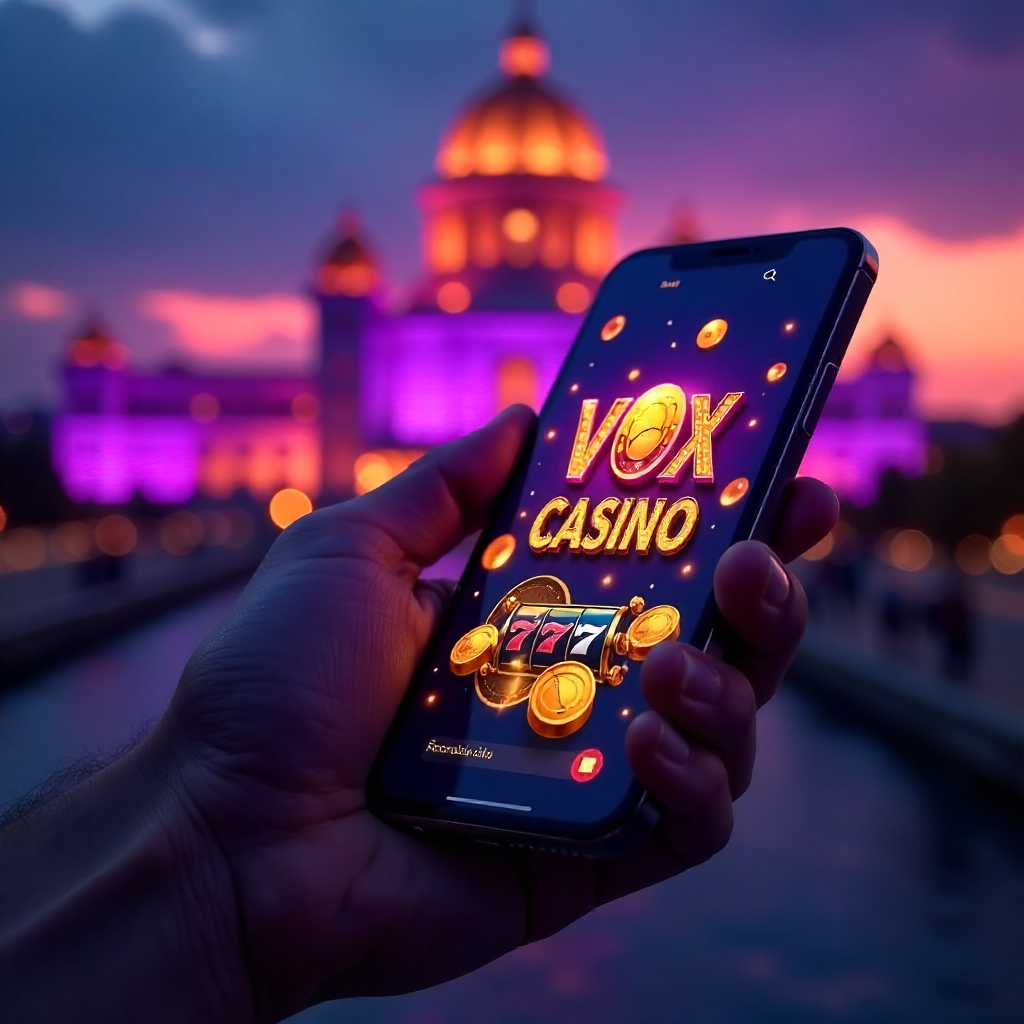 A hand holding a sleek smartphone with the Vox Casino app open, background featuring the Palace of Culture and Science in Warsaw at twilight, neon violet and gold brand colors, 3D golden coins and glowing slot symbols flying out of the screen, cinematic 8